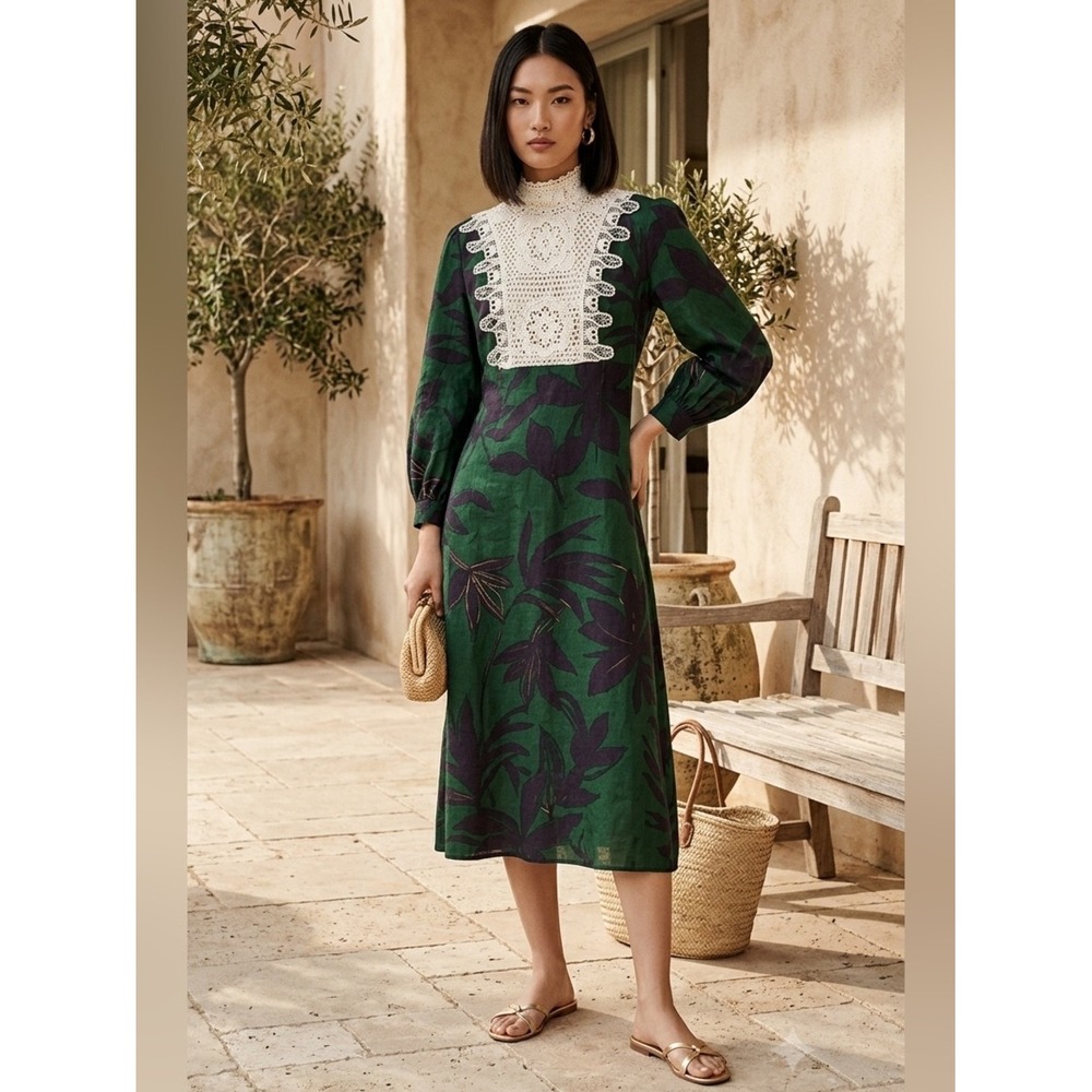 Zara Green Botanical‎ Crochet Lace Linen Midi Dress L Coastal Clean Girl Luxury